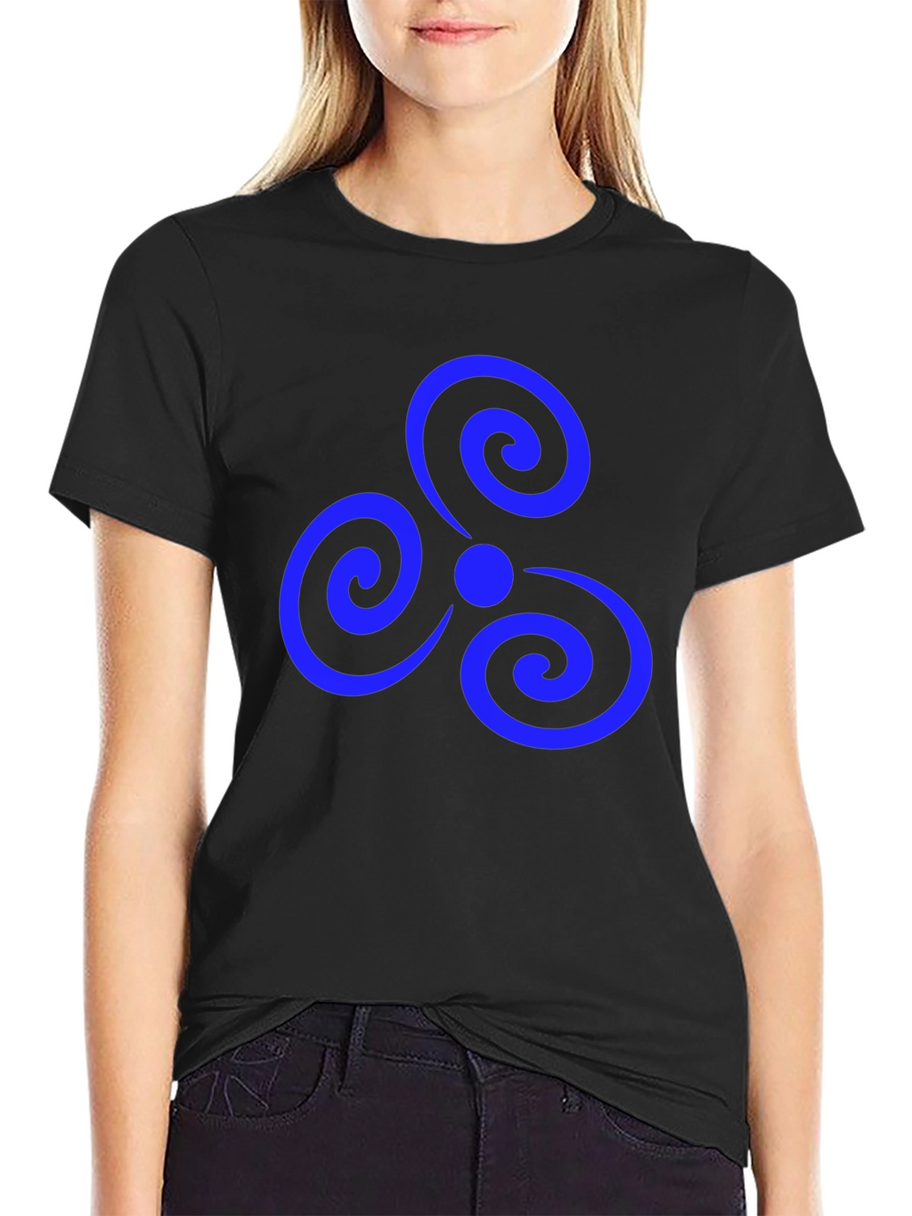 Black T-Shirt with Blue Triple Spiral Design