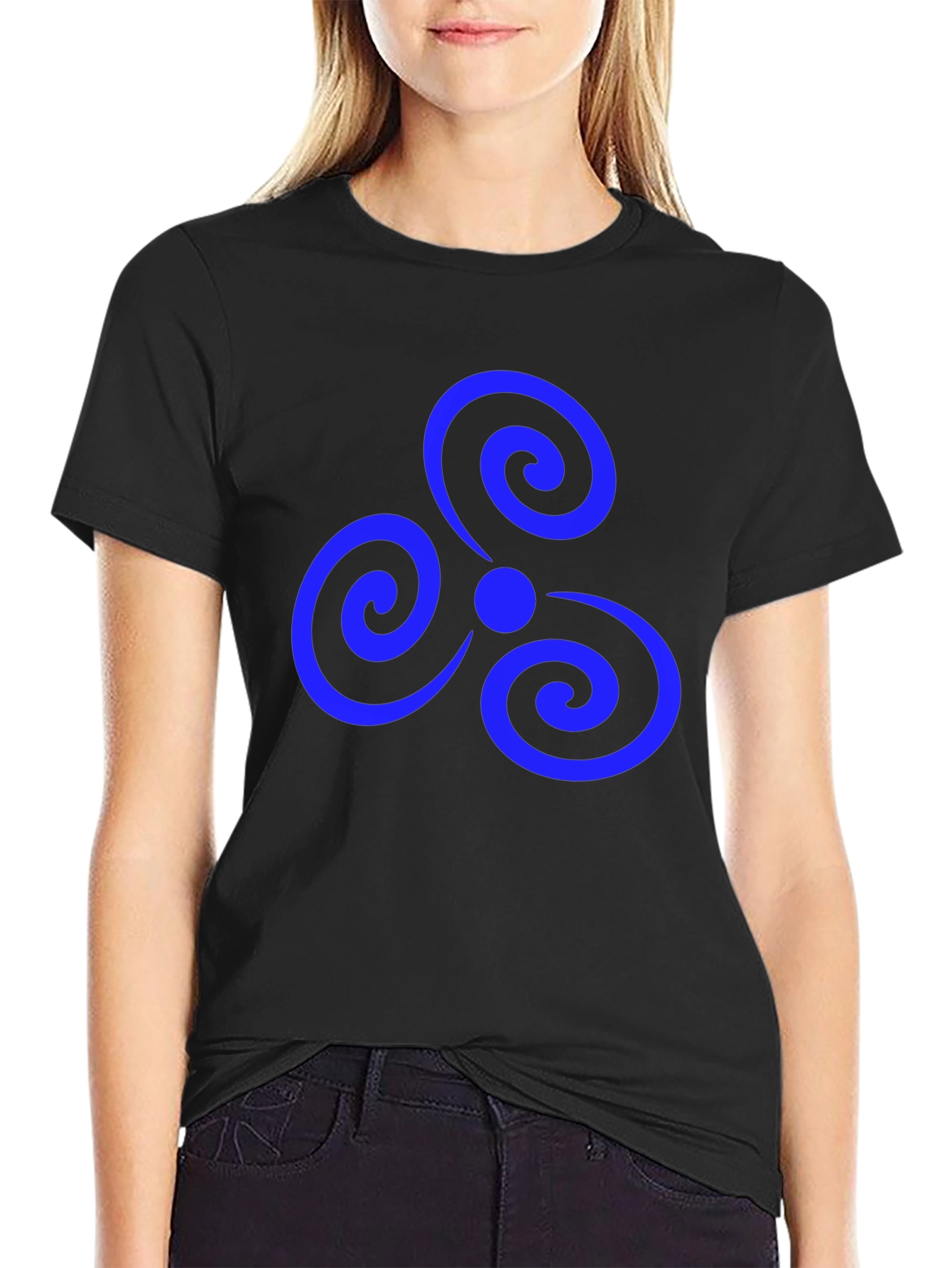 Black T-Shirt with Blue Triple Spiral Design