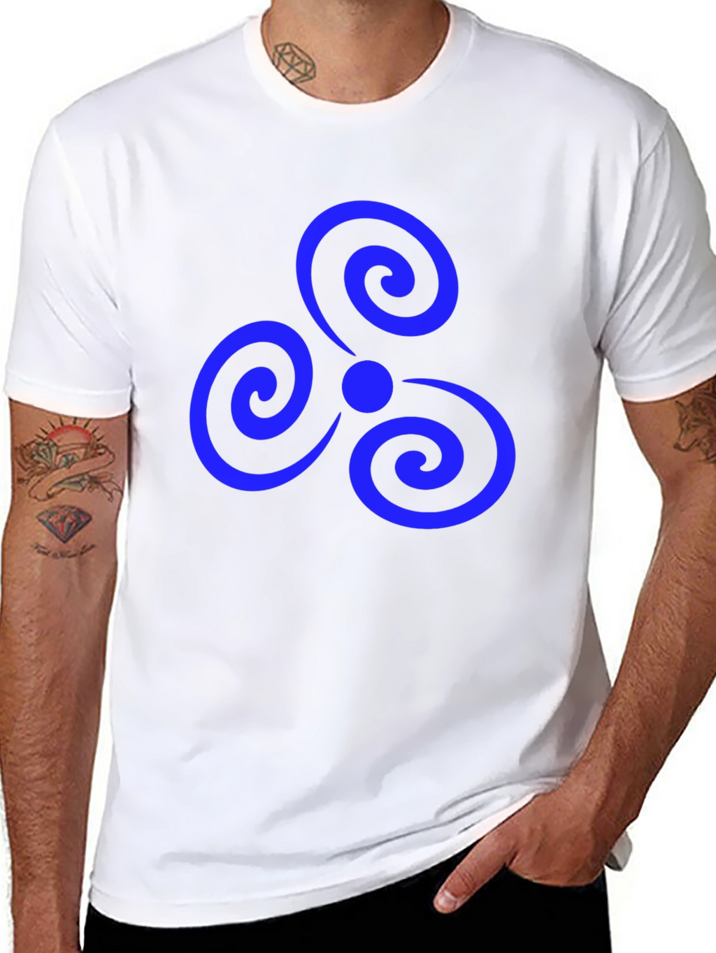 Black T-Shirt with Blue Triple Spiral Design