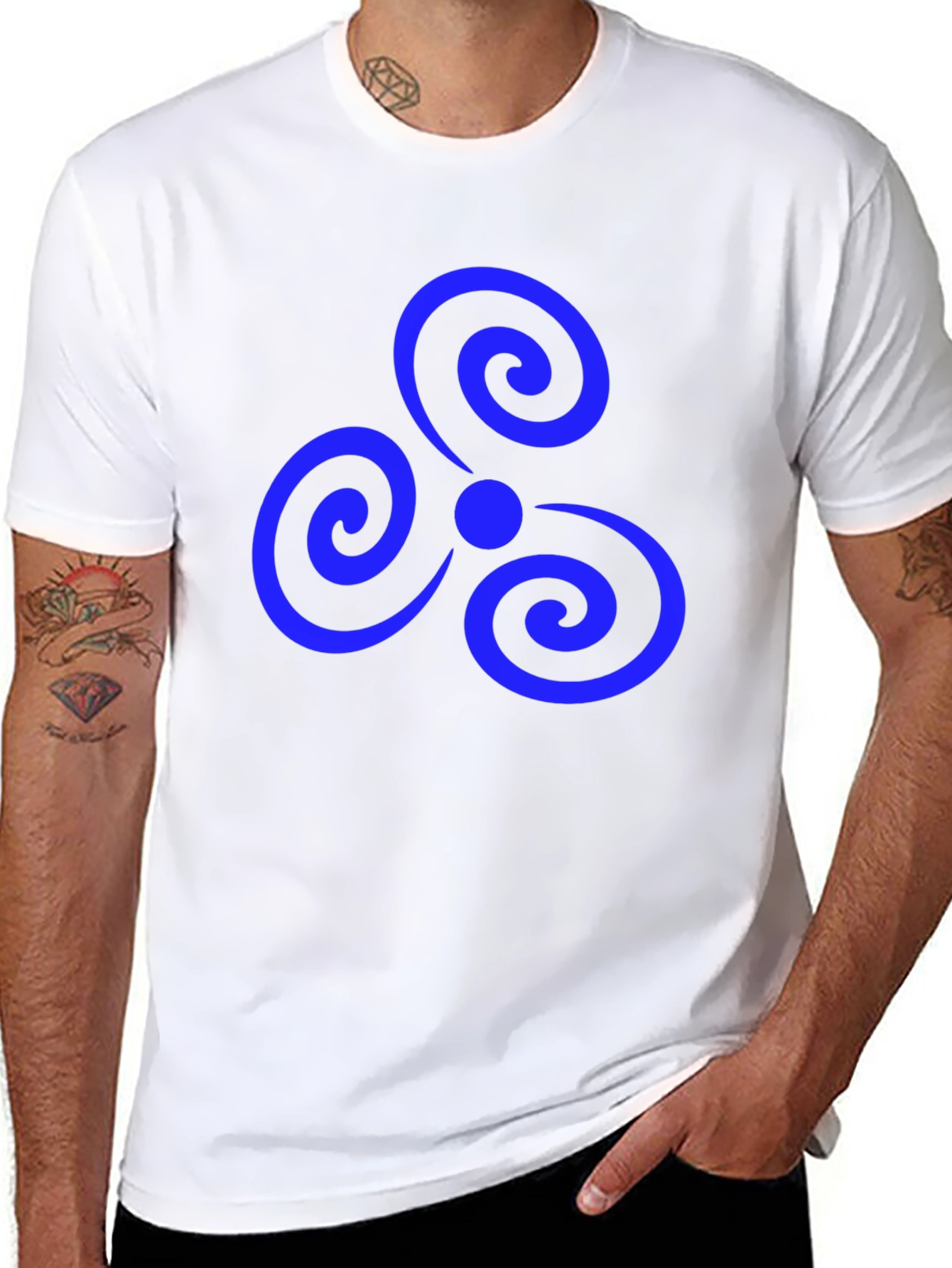 Black T-Shirt with Blue Triple Spiral Design