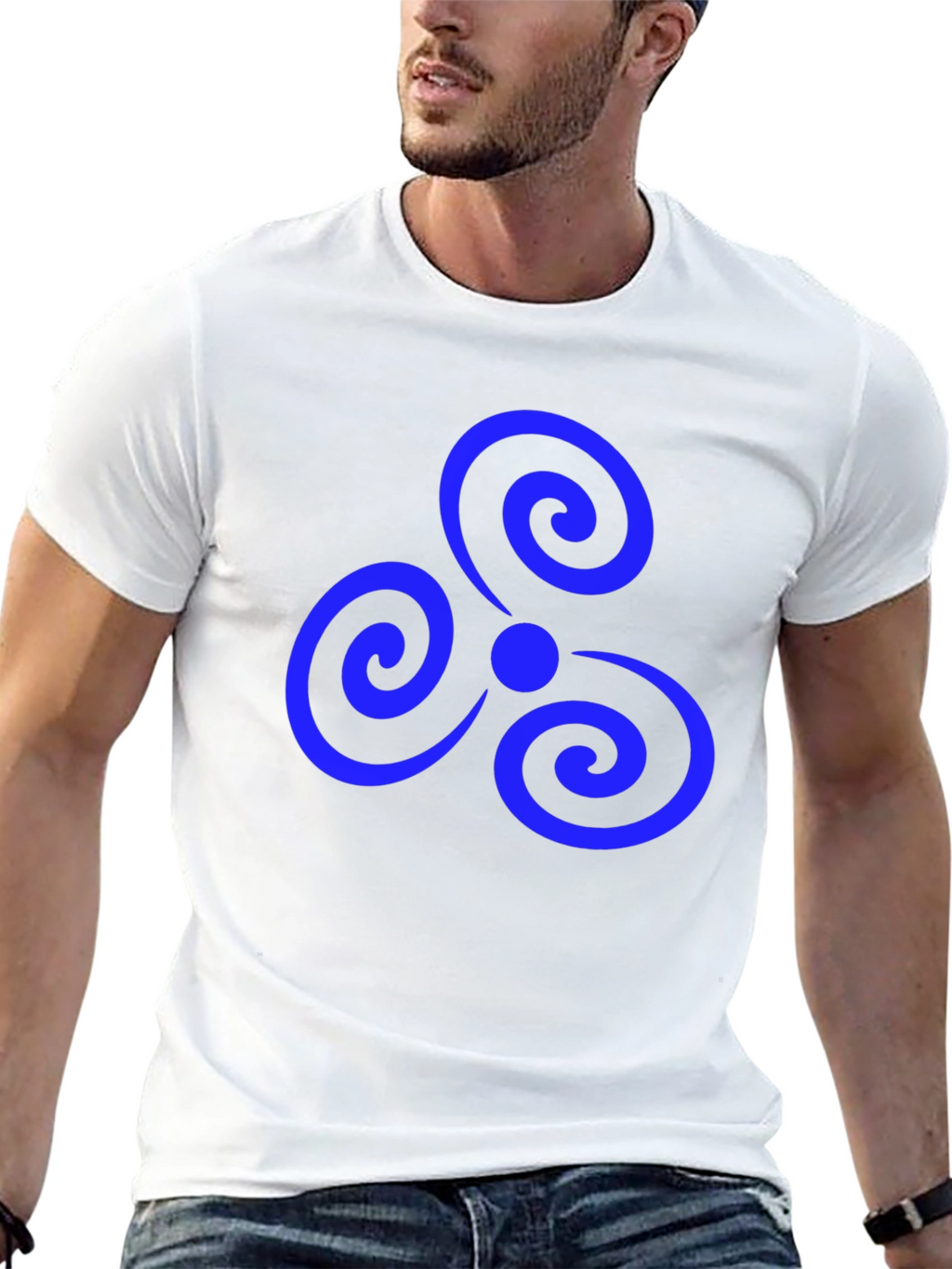 Black T-Shirt with Blue Triple Spiral Design