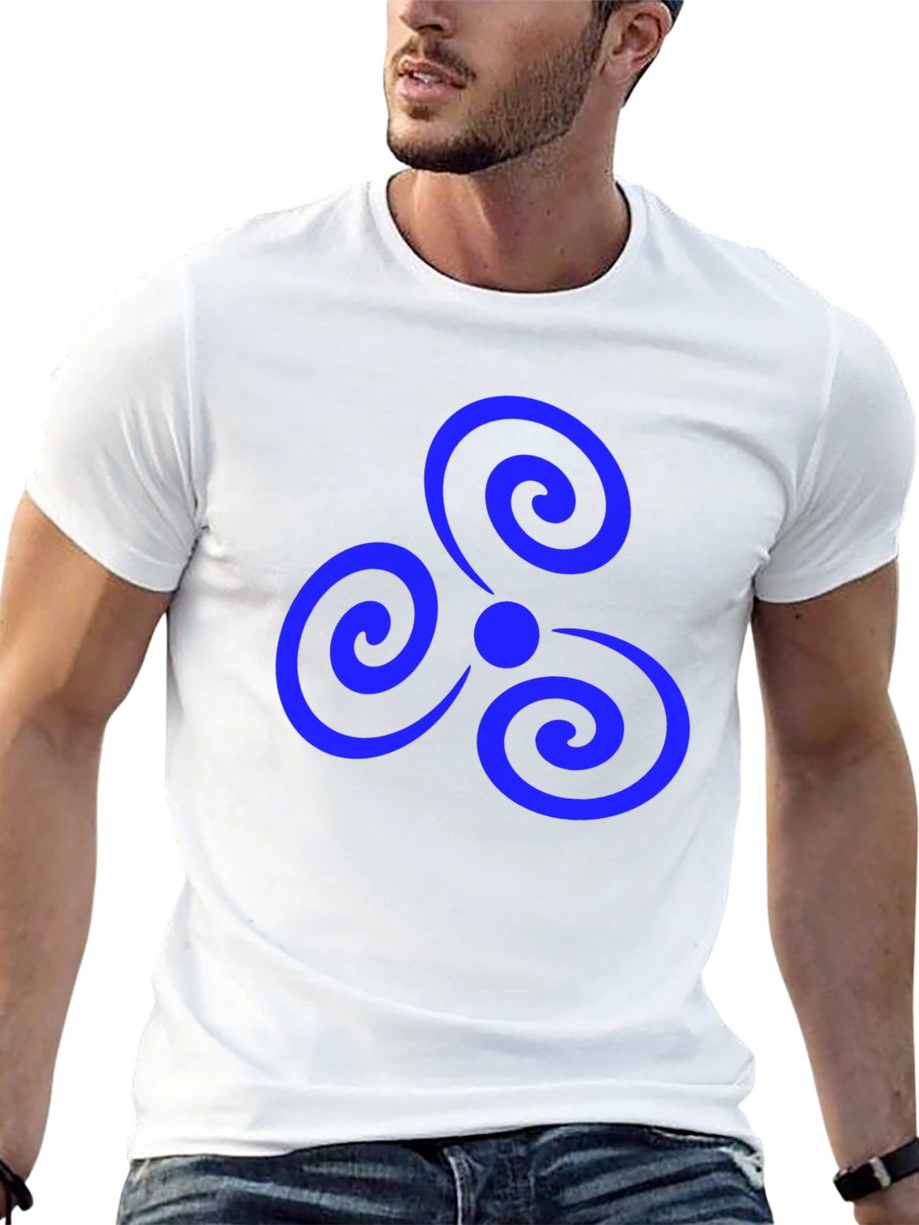 Black T-Shirt with Blue Triple Spiral Design