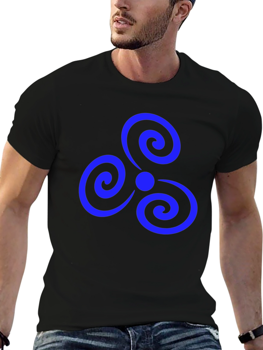 Black T-Shirt with Blue Triple Spiral Design