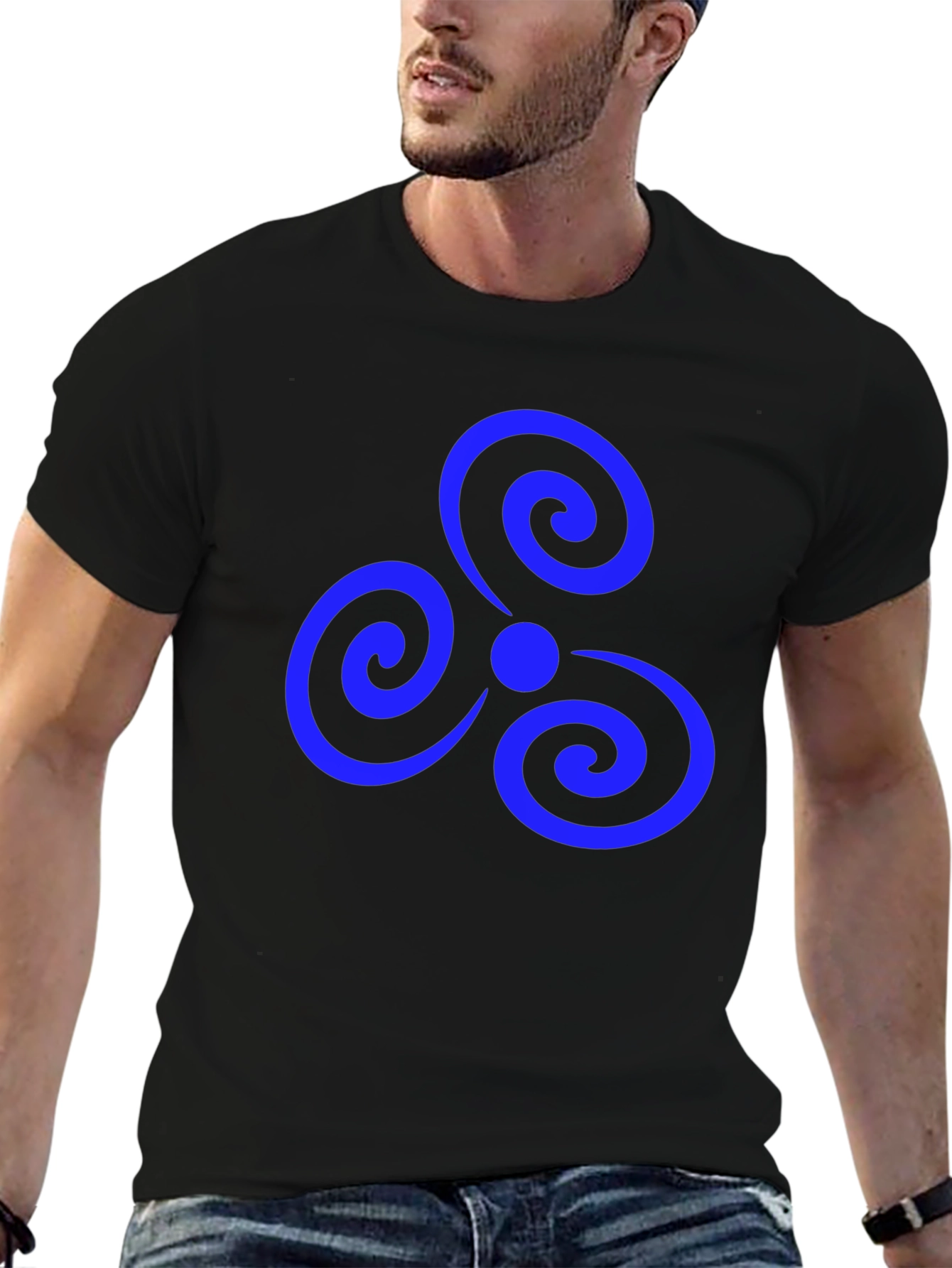 Black T-Shirt with Blue Triple Spiral Design