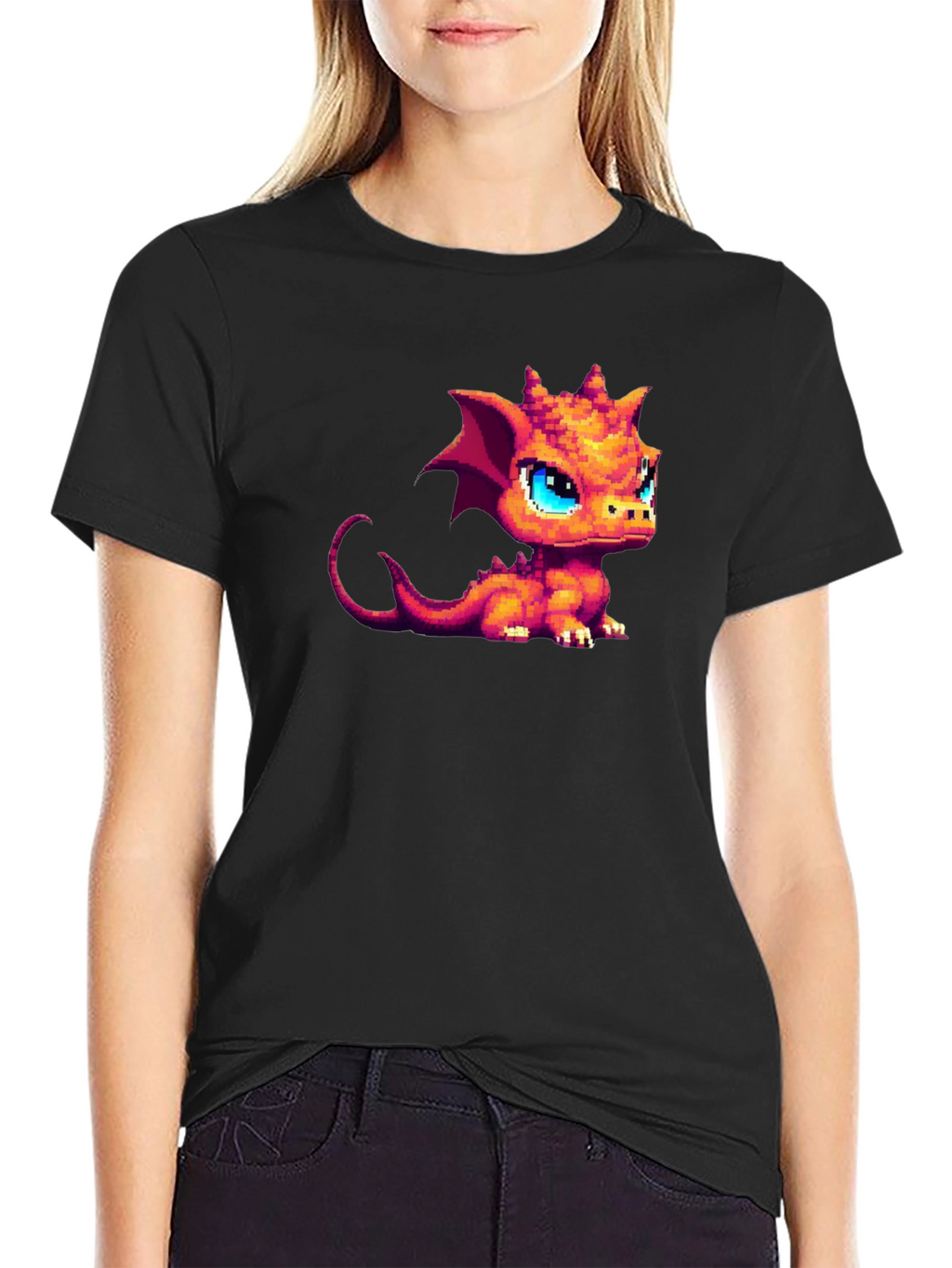Pixel Dragon Graphic Tee - Black Cotton Shirt