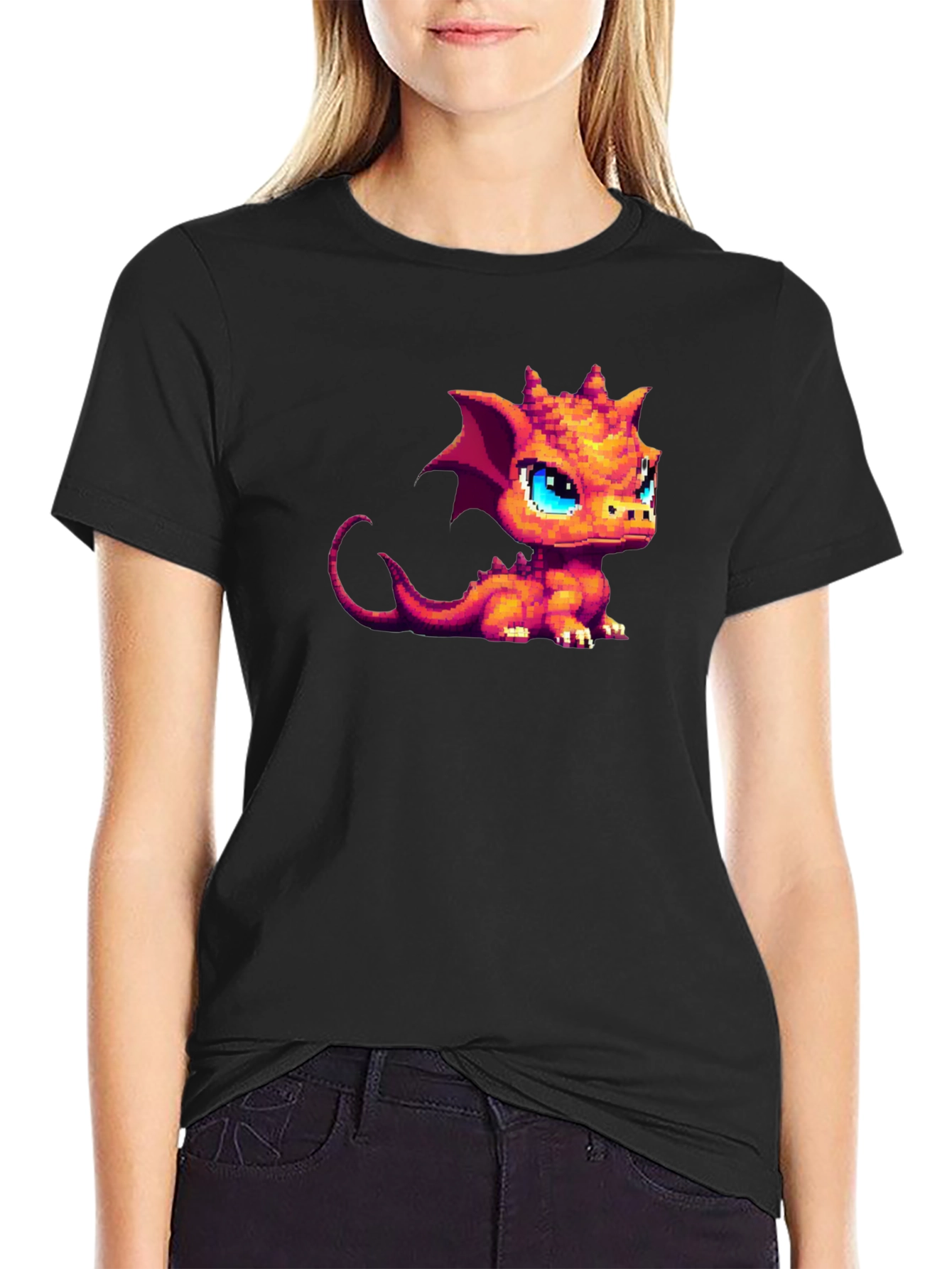 Pixel Dragon Graphic Tee - Black Cotton Shirt