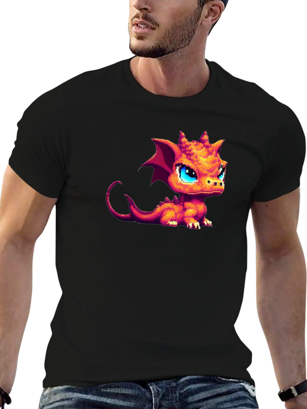Pixel Dragon Graphic Tee - Black Cotton Shirt