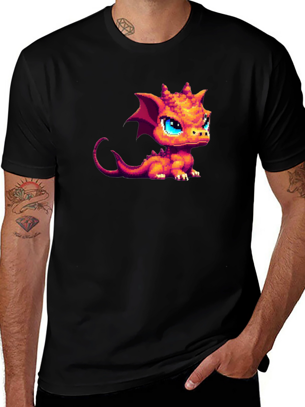 Pixel Dragon Graphic Tee - Black Cotton Shirt