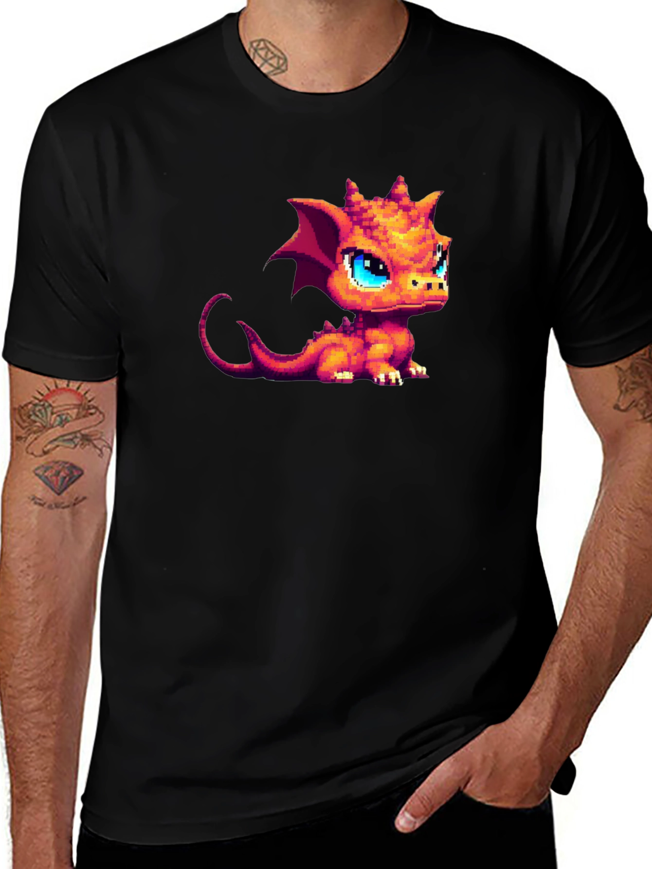 Pixel Dragon Graphic Tee - Black Cotton Shirt