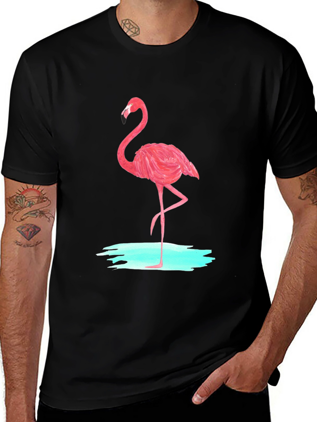 Pink Flamingo Graphic Tee - Black Cotton Casual T-Shirt