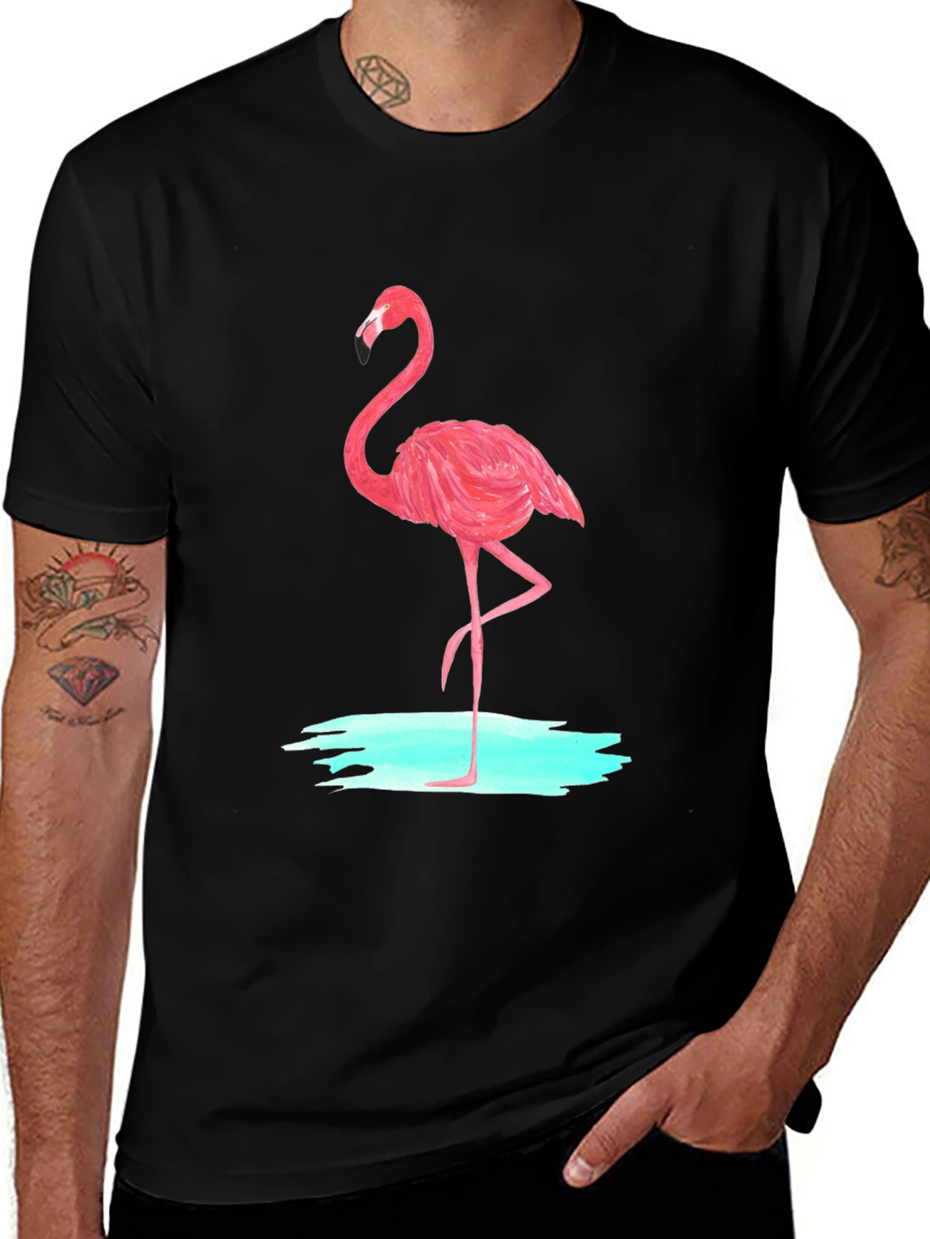 Pink Flamingo Graphic Tee - Black Cotton Casual T-Shirt