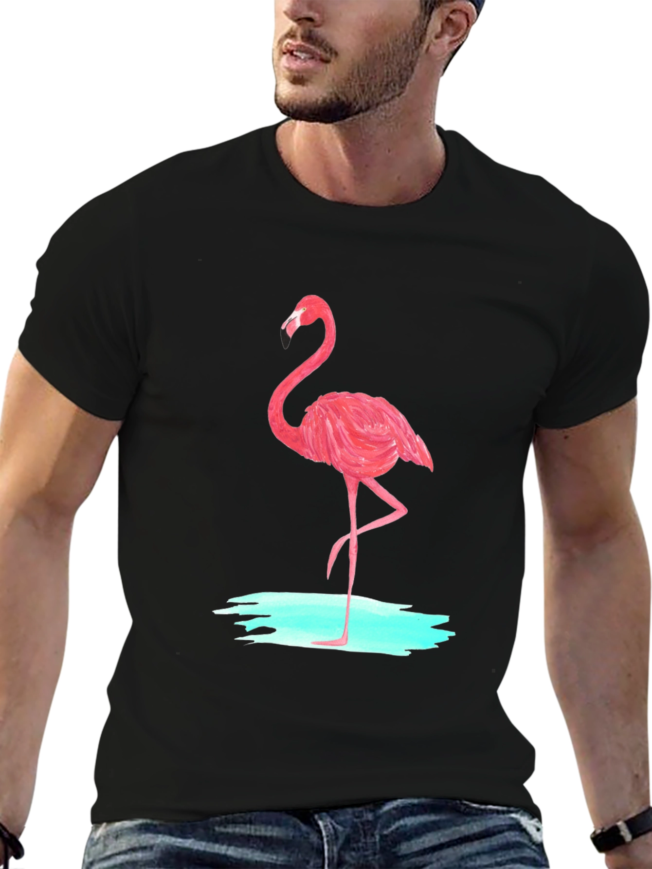 Pink Flamingo Graphic Tee - Black Cotton Casual T-Shirt