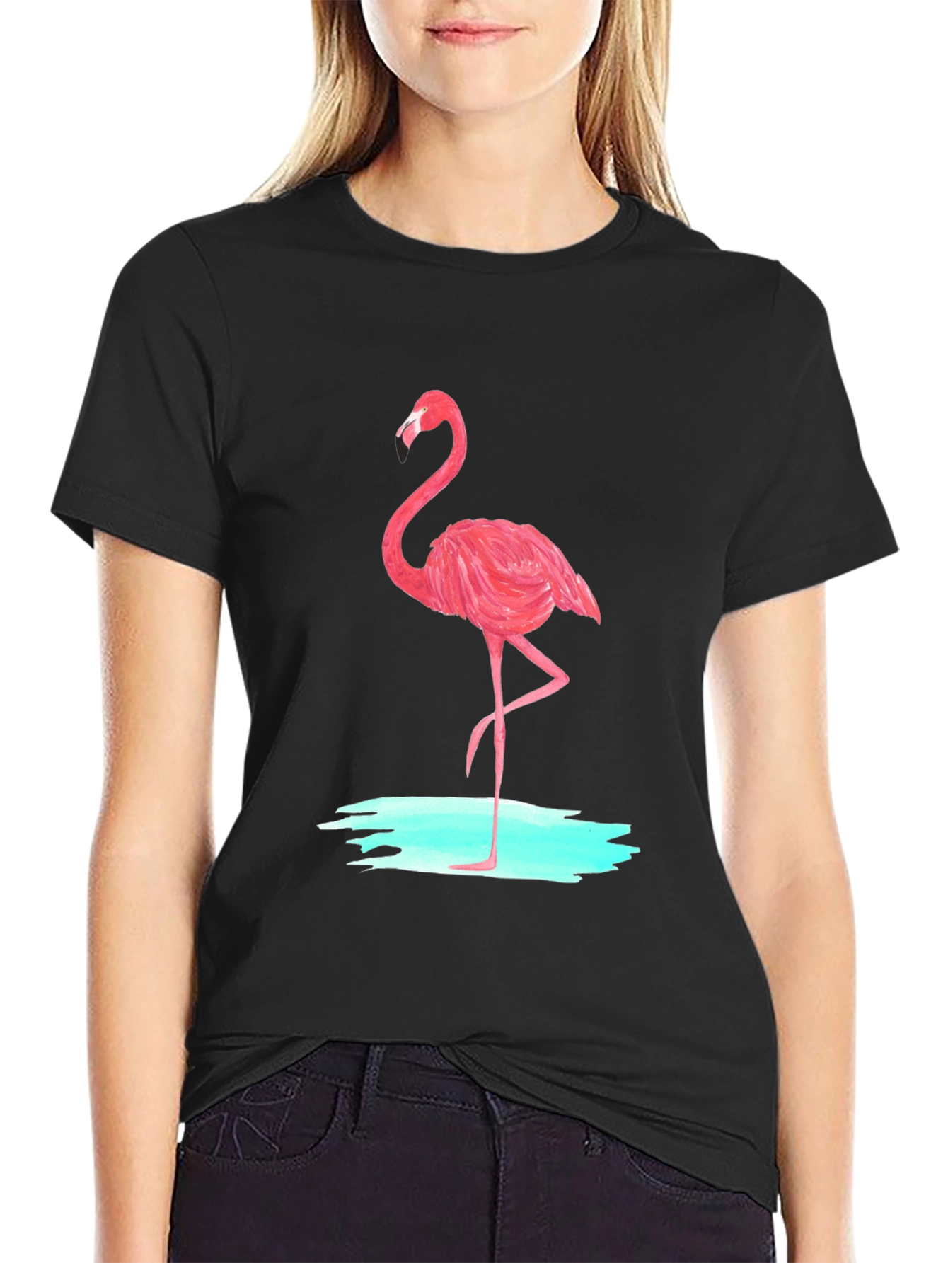 Pink Flamingo Graphic Tee - Black Cotton Casual T-Shirt