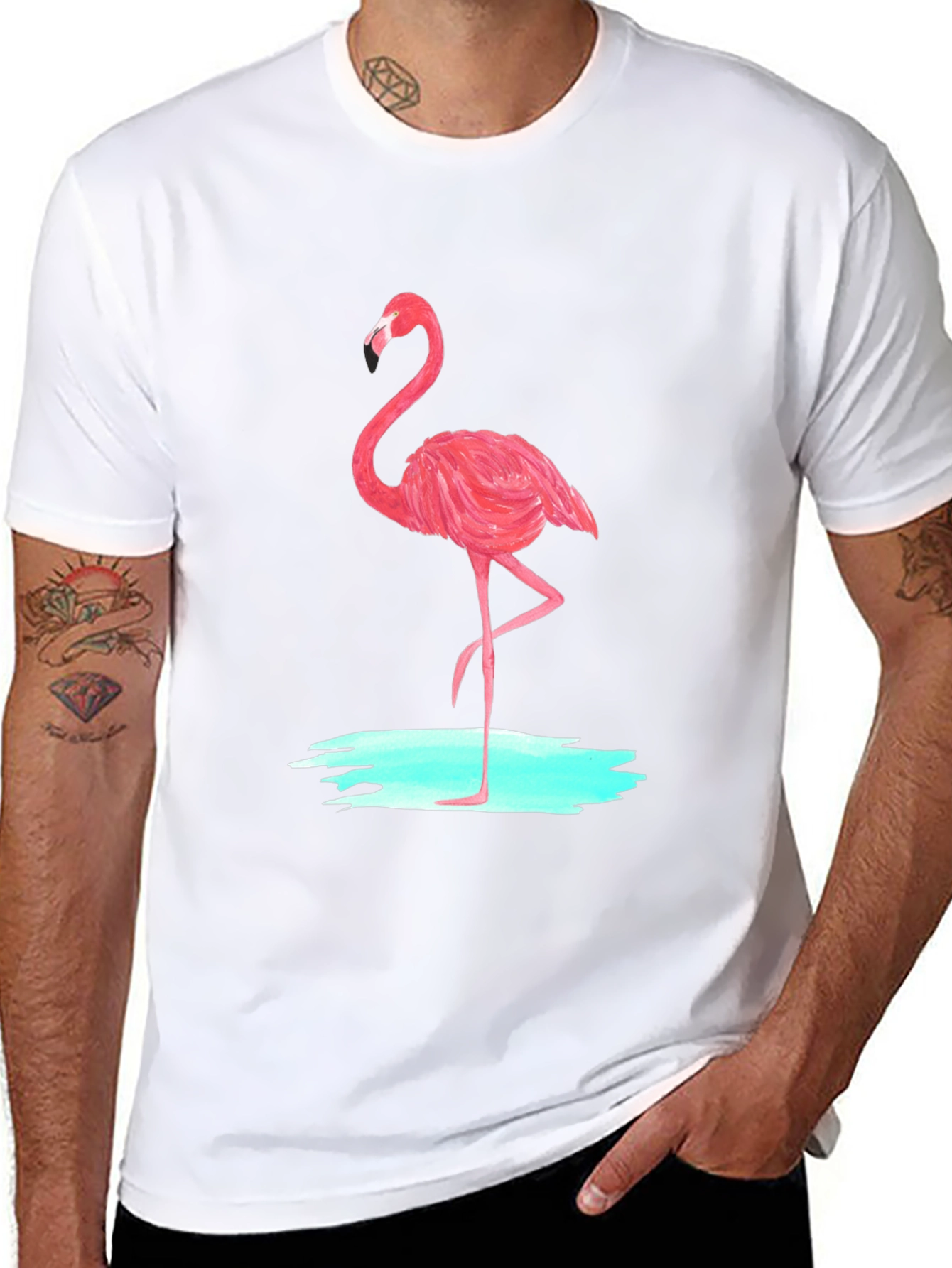 Pink Flamingo Graphic Tee - Black Cotton Casual T-Shirt
