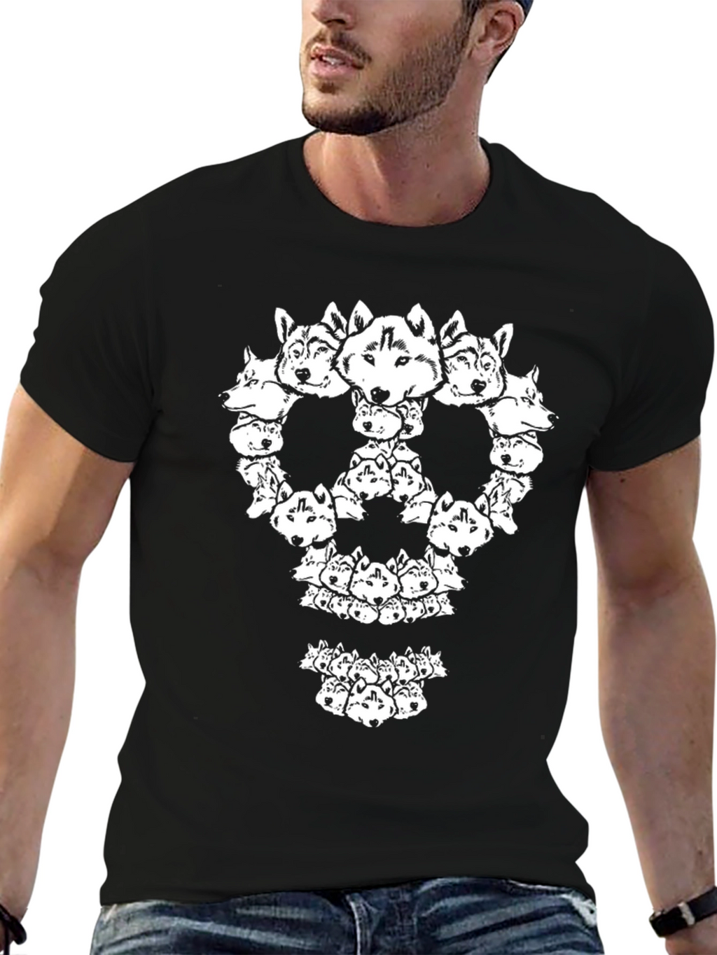 Husky Head Skull Graphic Tee - Black