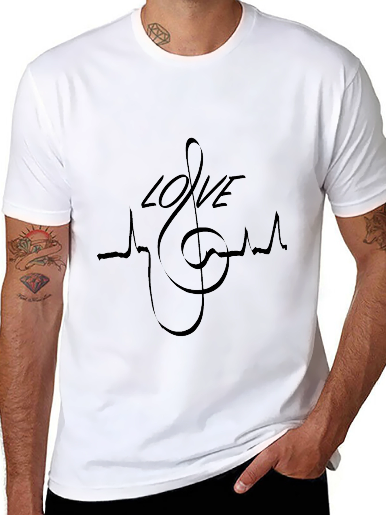 Love Music Heartbeat T-Shirt - Black Crew Neck