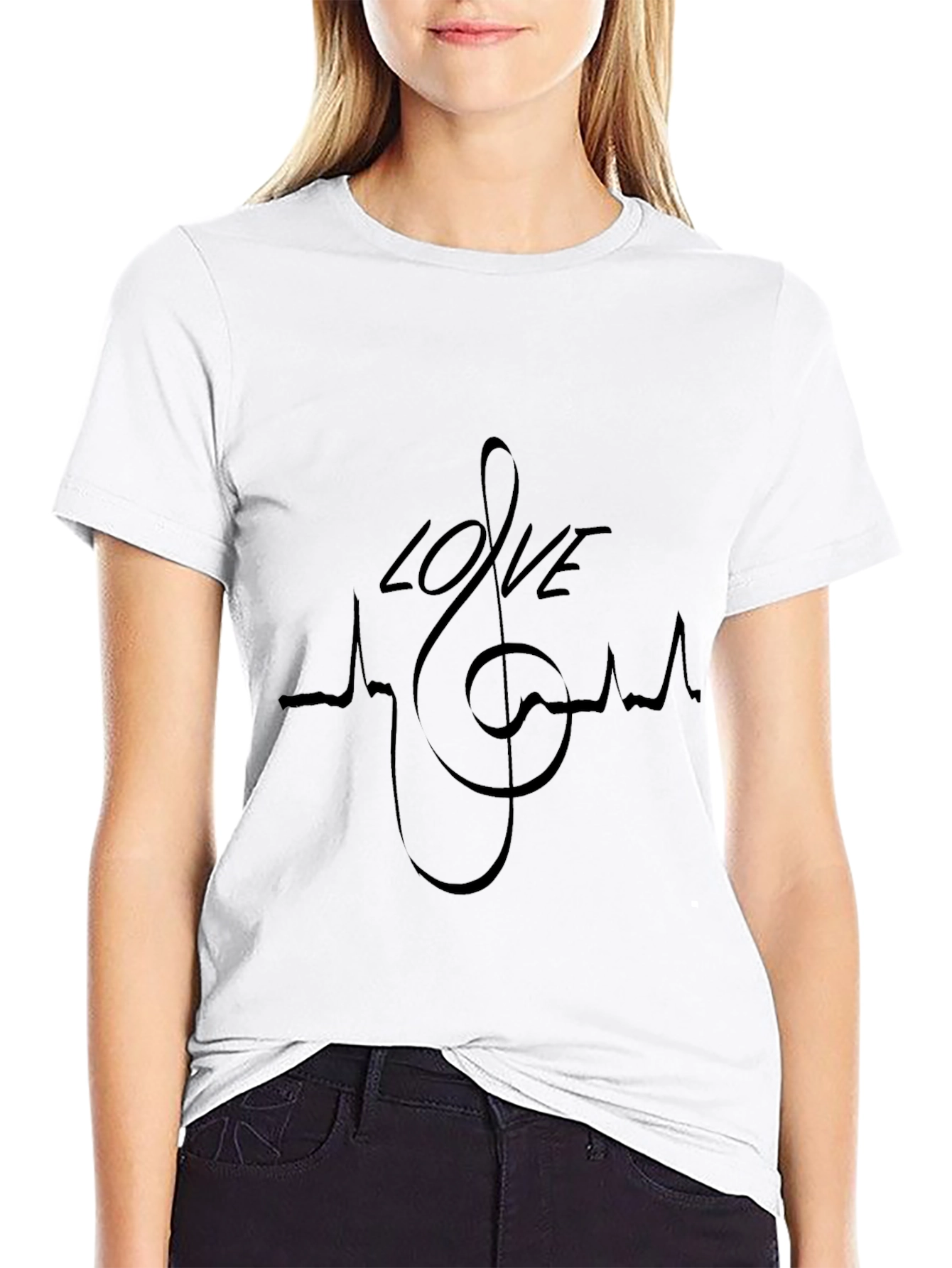 Love Music Heartbeat T-Shirt - Black Crew Neck