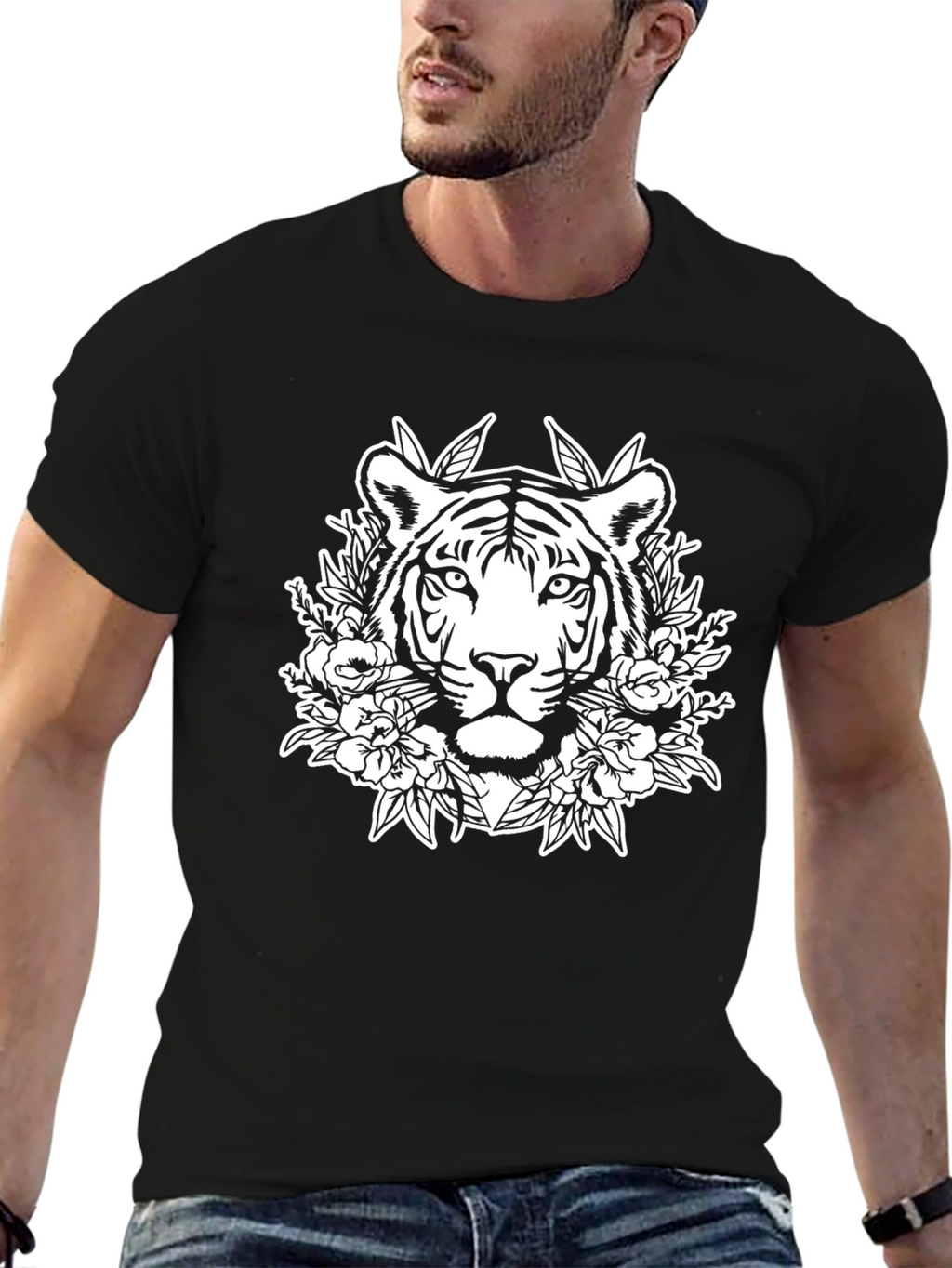 Tiger Floral Graphic Tee - Black Unisex T-Shirt
