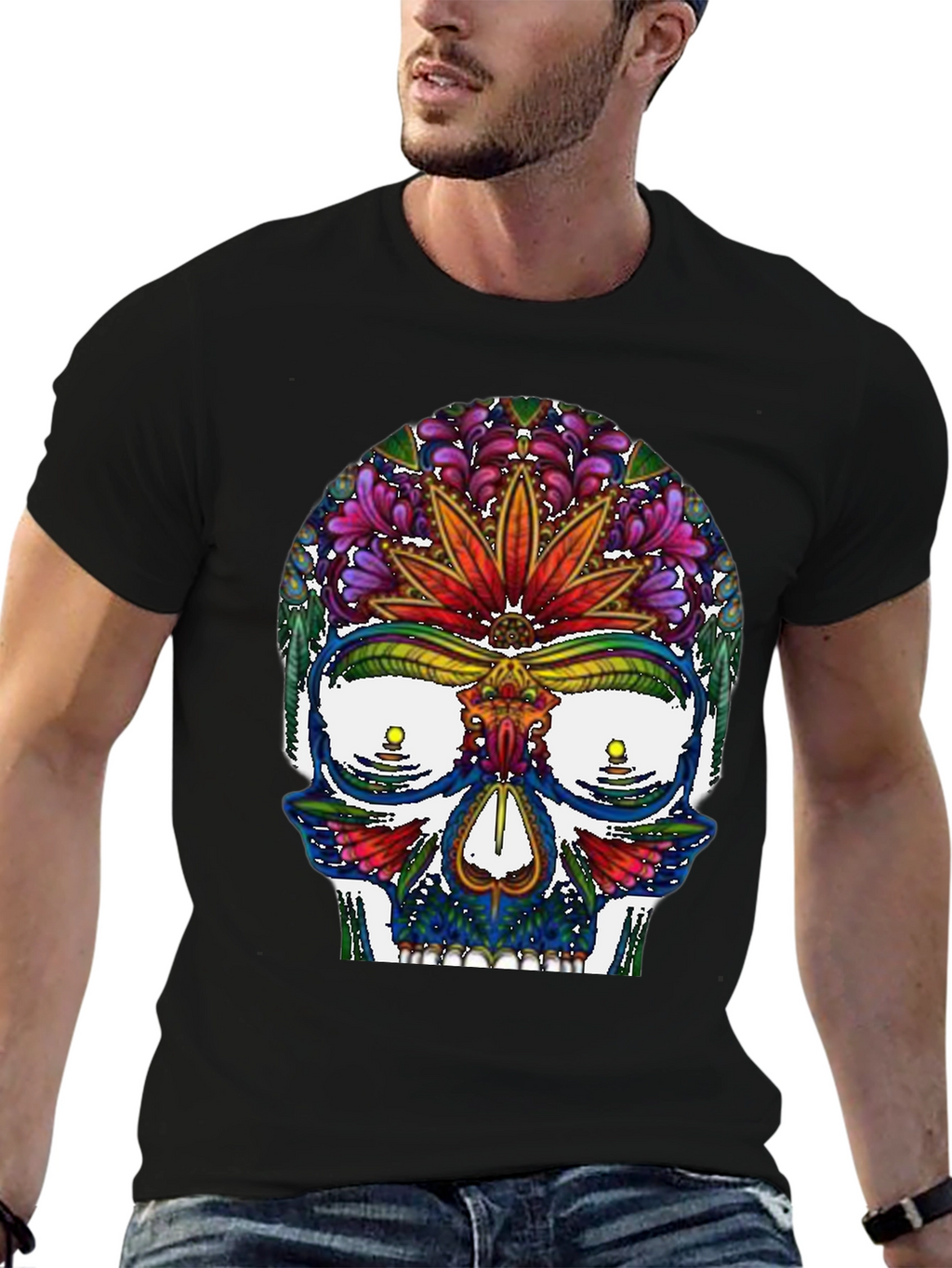 Sugar Skull T-Shirt: Floral Marijuana Leaf Design