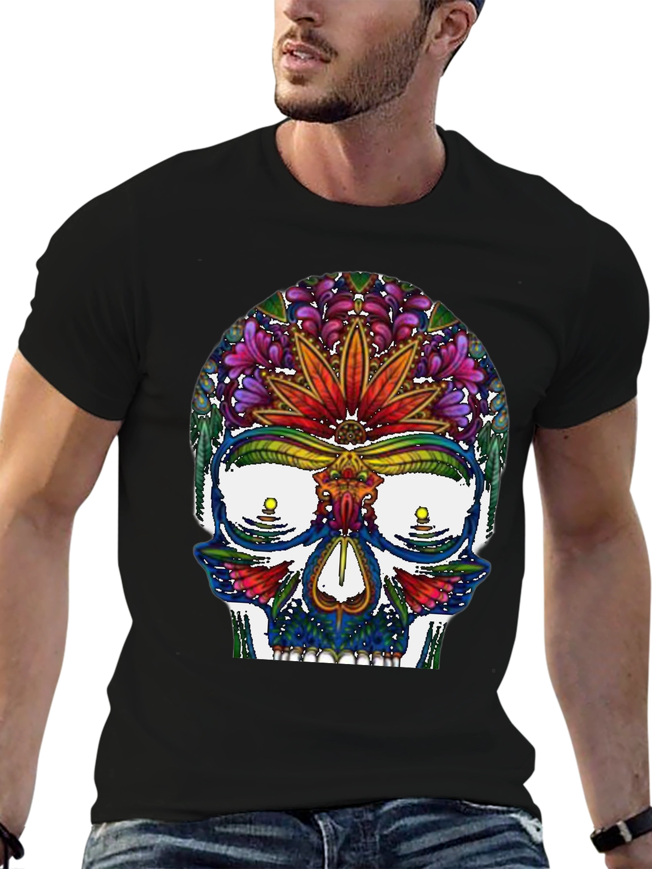 Sugar Skull T-Shirt: Floral Marijuana Leaf Design