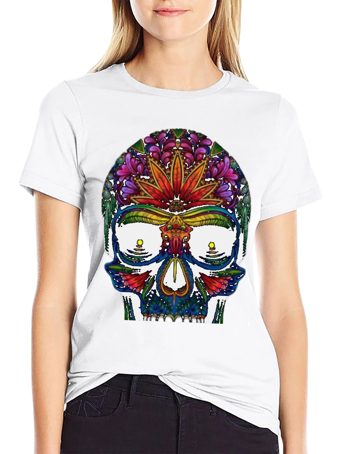 Sugar Skull T-Shirt: Floral Marijuana Leaf Design