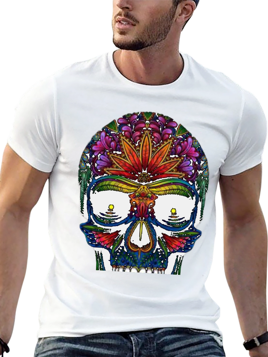 Sugar Skull T-Shirt: Floral Marijuana Leaf Design