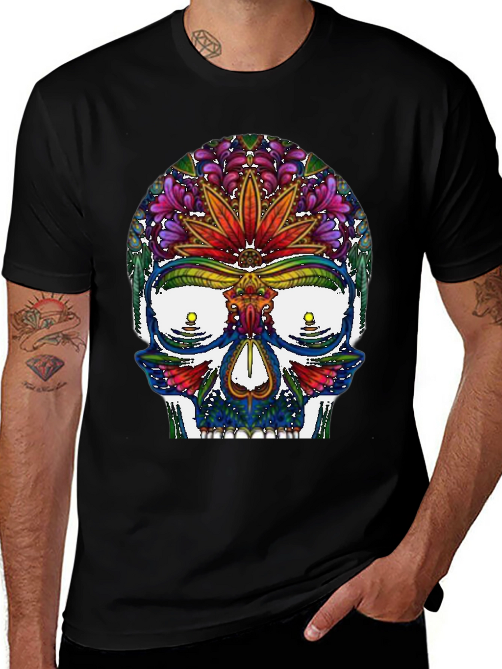 Sugar Skull T-Shirt: Floral Marijuana Leaf Design