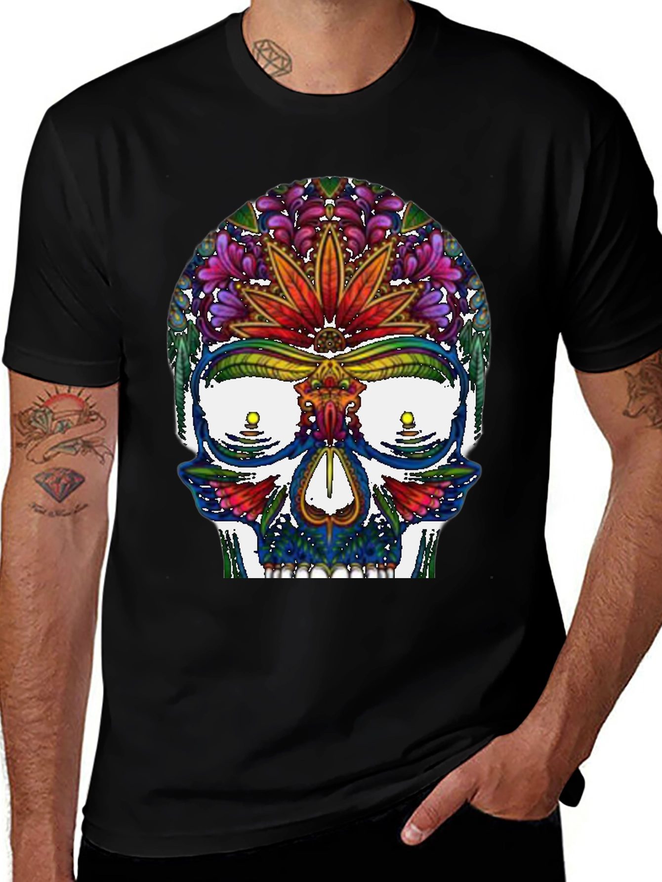 Sugar Skull T-Shirt: Floral Marijuana Leaf Design
