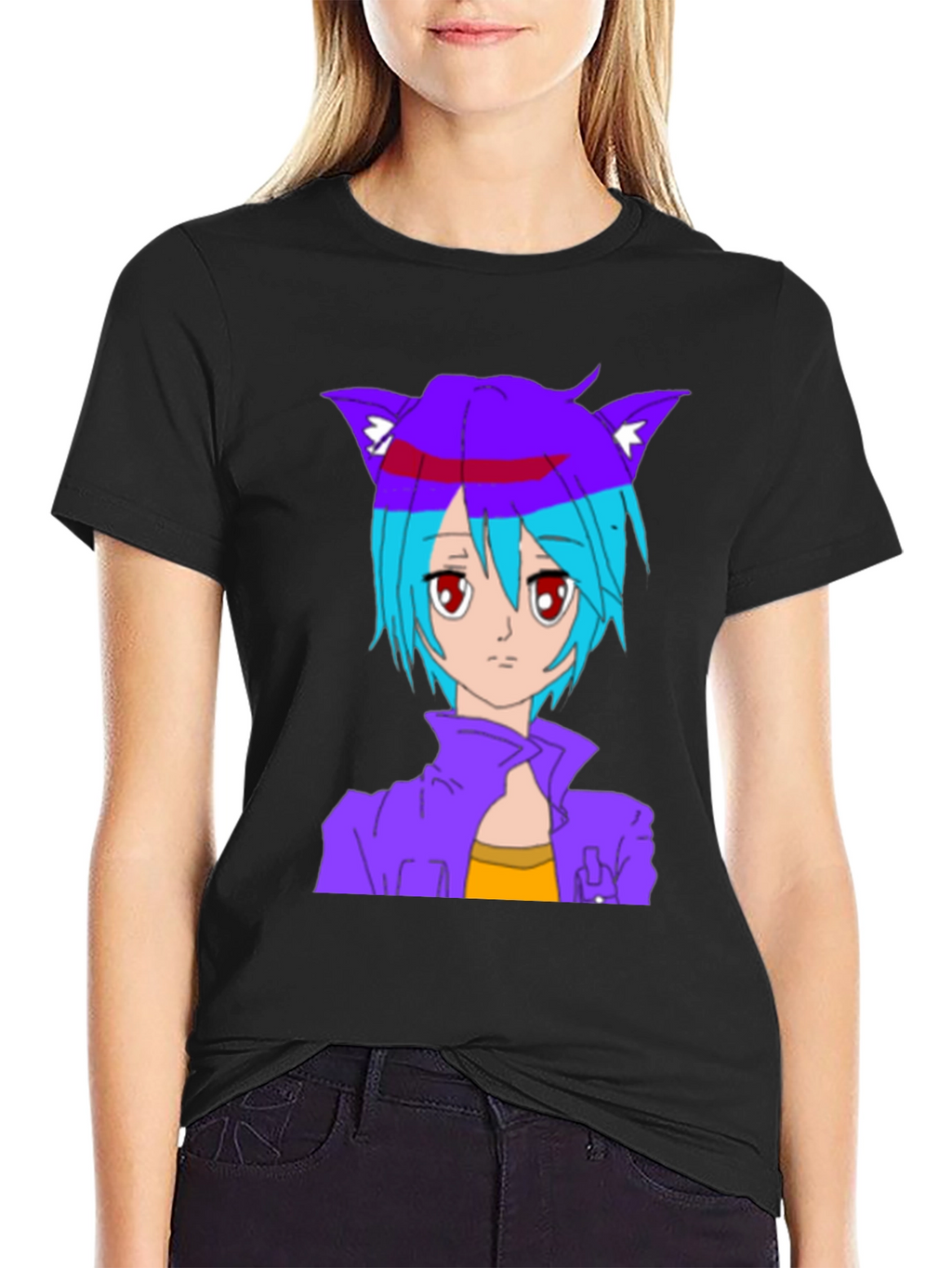 Anime Cat Girl Graphic T-Shirt - Stylish Black Tee