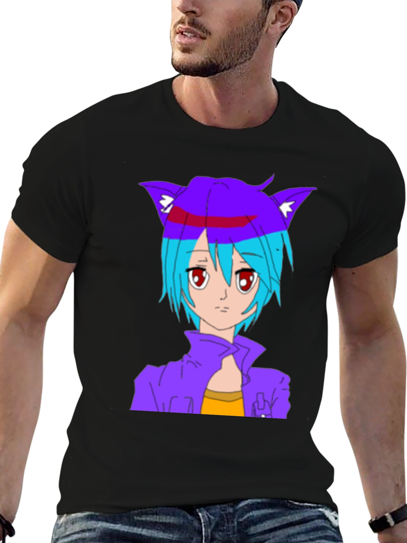 Anime Cat Girl Graphic T-Shirt - Stylish Black Tee