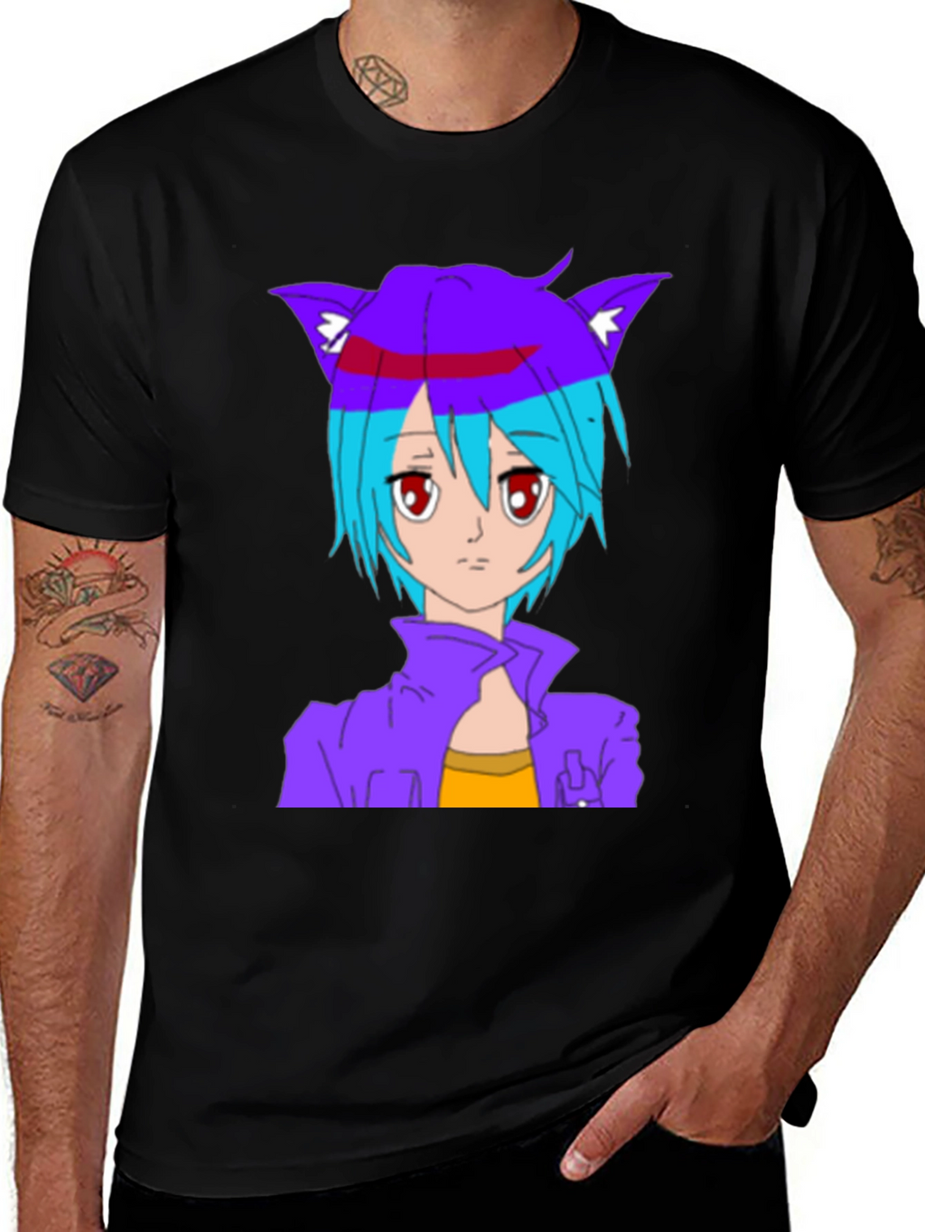 Anime Cat Girl Graphic T-Shirt - Stylish Black Tee