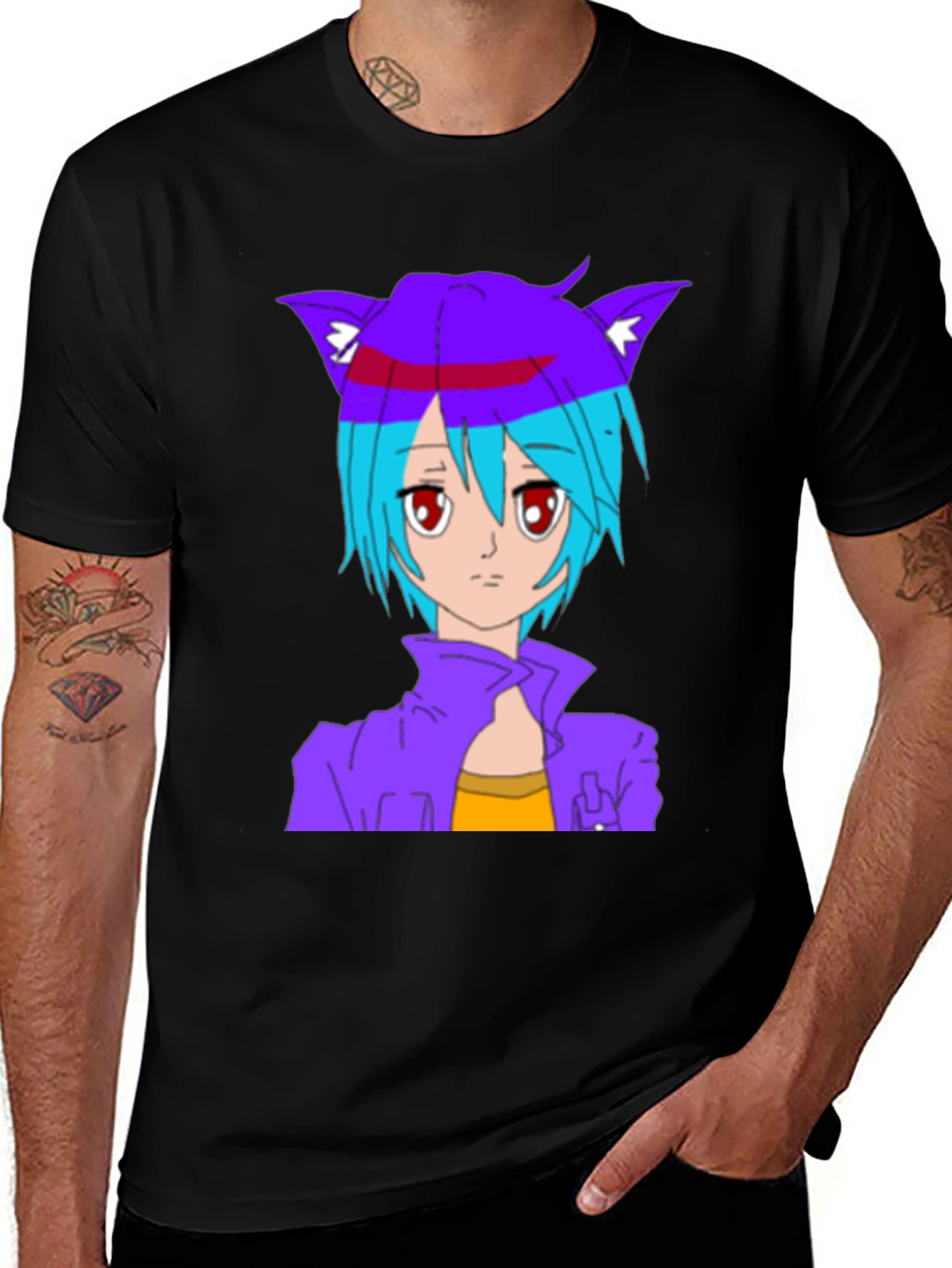 Anime Cat Girl Graphic T-Shirt - Stylish Black Tee