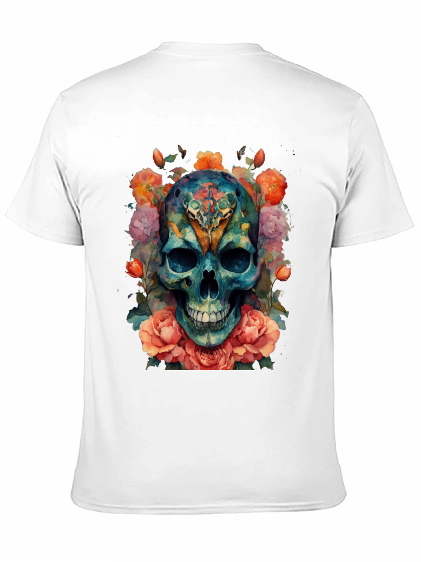 Floral Skull Graphic T-Shirt - Vibrant Watercolor Design