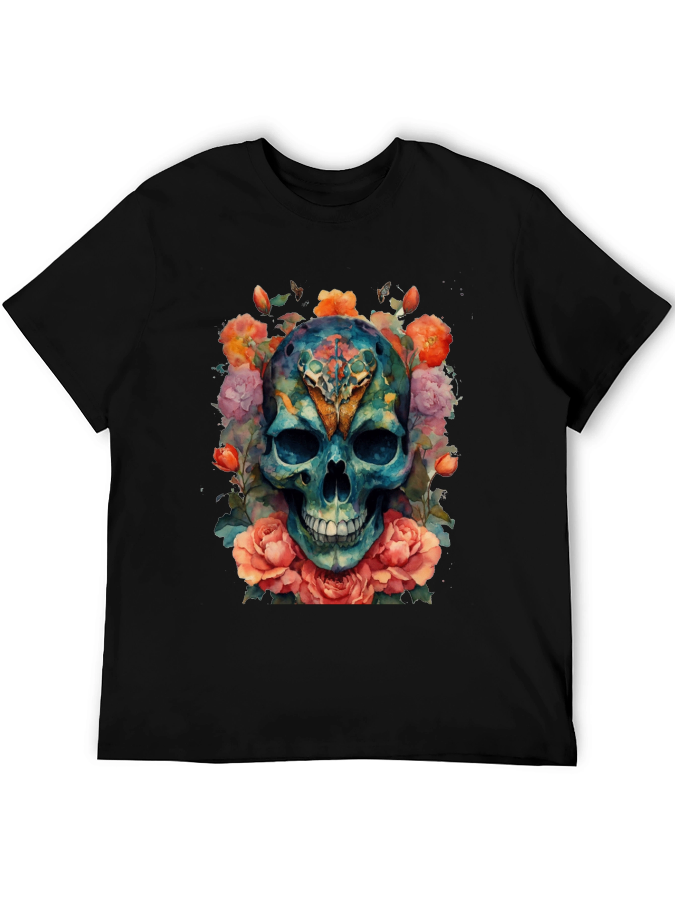 Floral Skull Graphic T-Shirt - Vibrant Watercolor Design