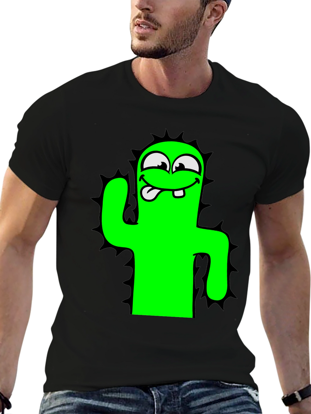 Funny Cartoon Cactus Black T-Shirt