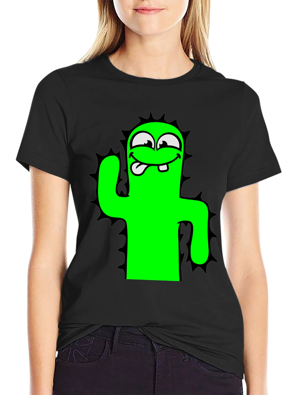 Funny Cartoon Cactus Black T-Shirt