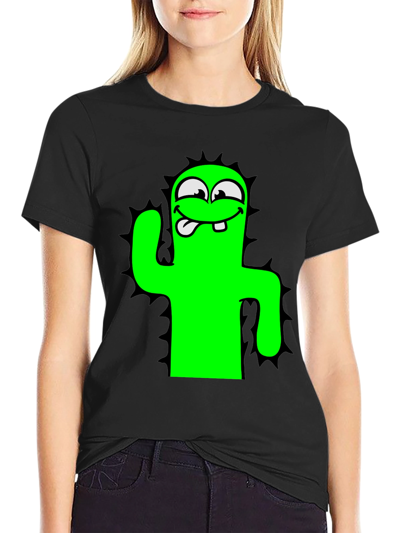 Funny Cartoon Cactus Black T-Shirt