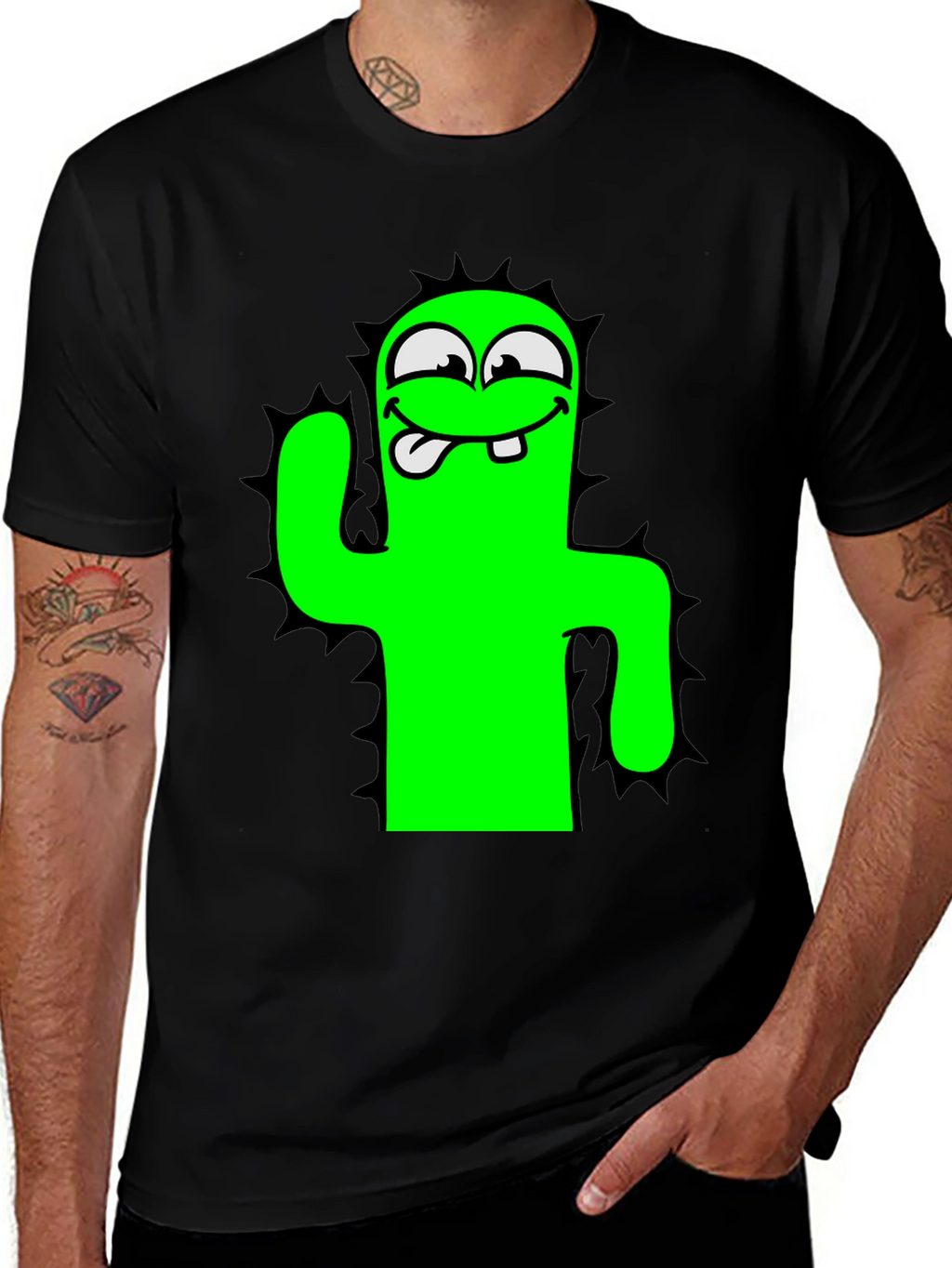 Funny Cartoon Cactus Black T-Shirt
