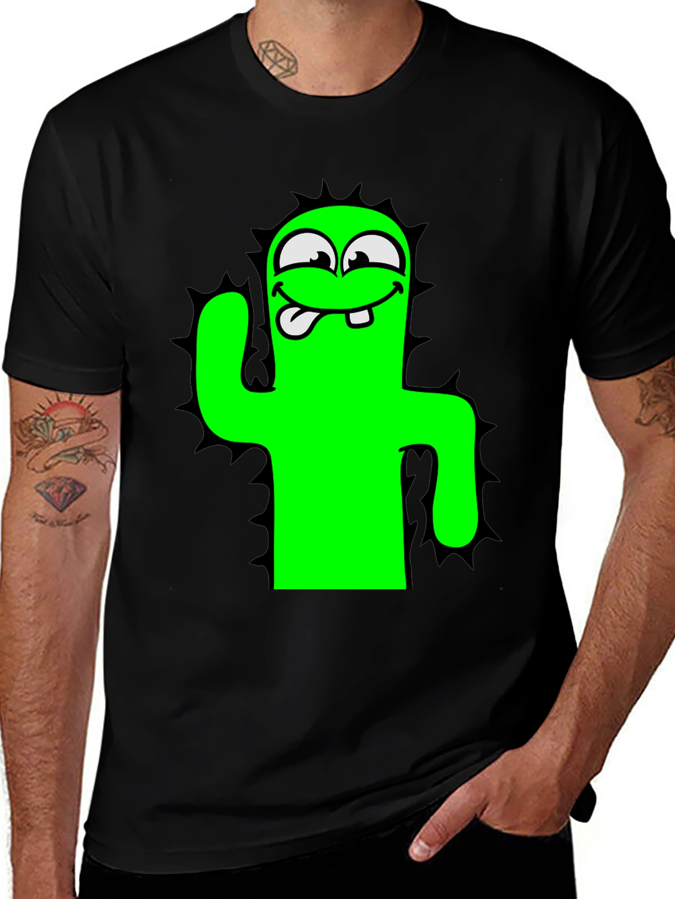 Funny Cartoon Cactus Black T-Shirt