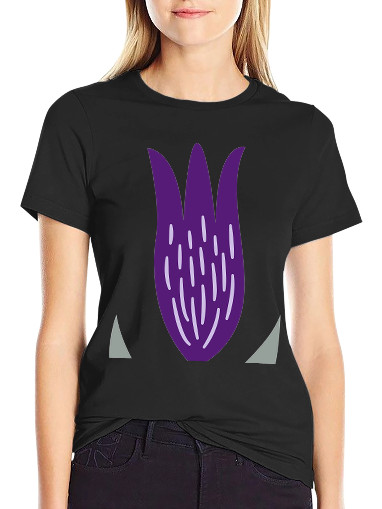Purple Tulip Graphic Print Black T-Shirt