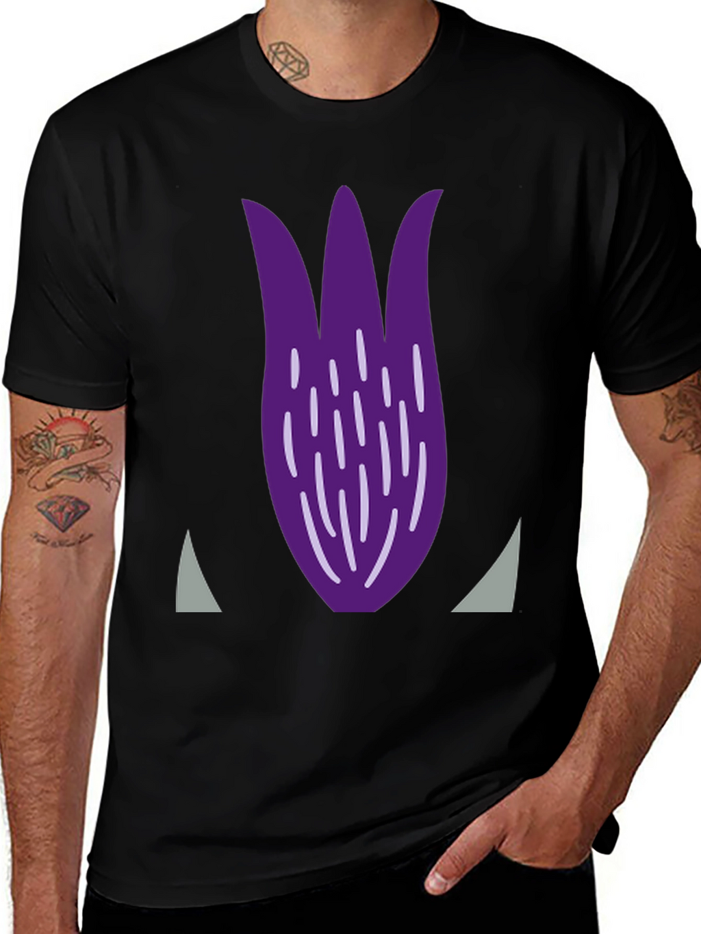 Purple Tulip Graphic Print Black T-Shirt