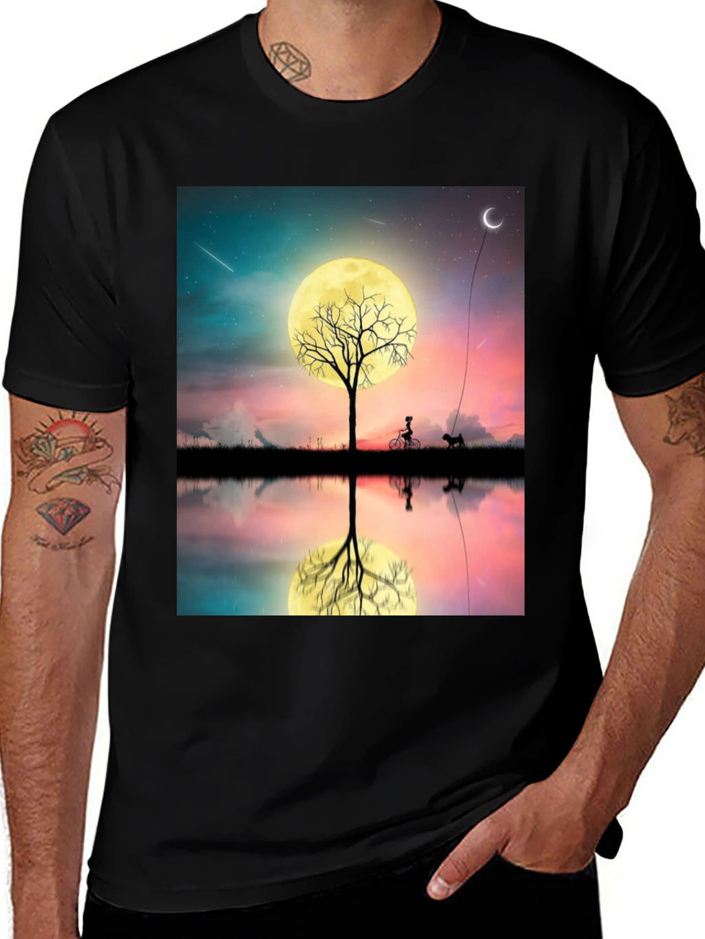 Moonlit Bike & Dog T-Shirt – Dreamy Night Scene Graphic Tee