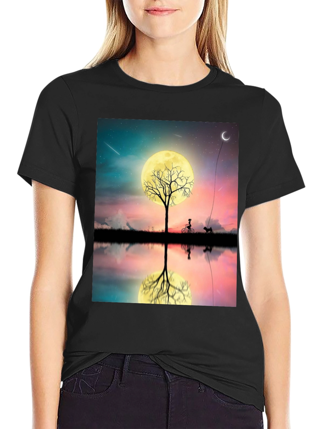 Moonlit Bike & Dog T-Shirt – Dreamy Night Scene Graphic Tee