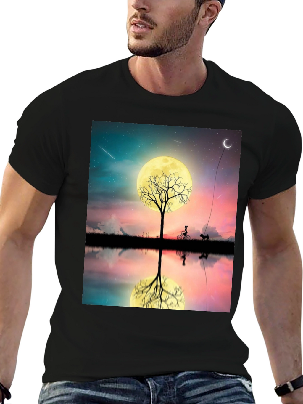 Moonlit Bike & Dog T-Shirt – Dreamy Night Scene Graphic Tee