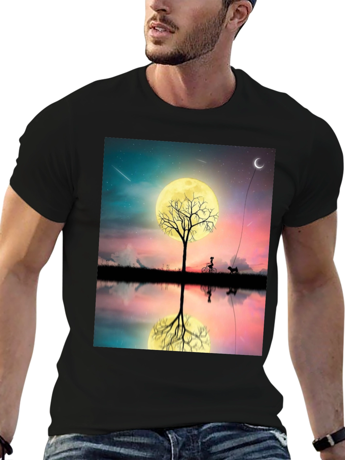 Moonlit Bike & Dog T-Shirt – Dreamy Night Scene Graphic Tee