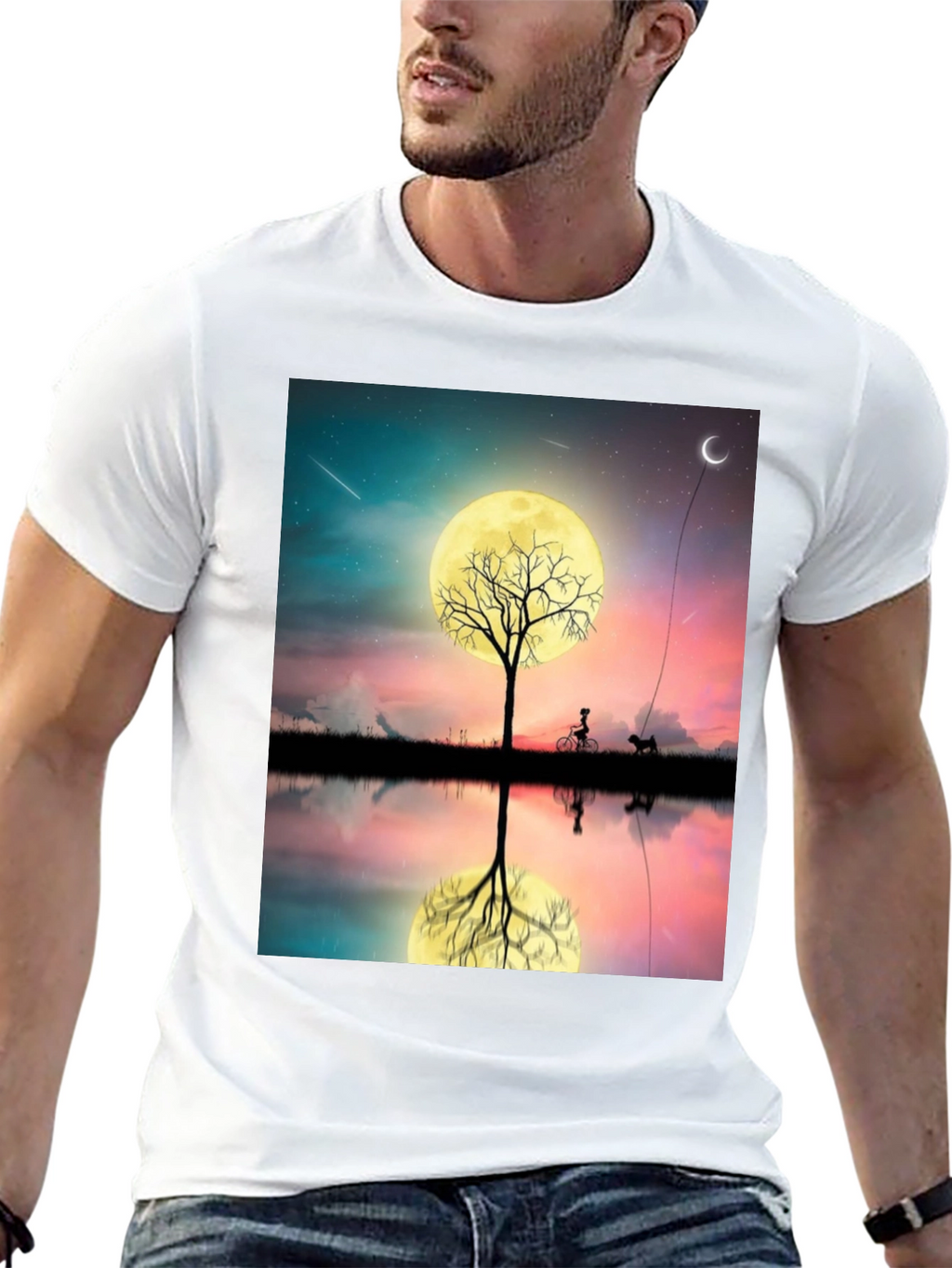 Moonlit Bike & Dog T-Shirt – Dreamy Night Scene Graphic Tee
