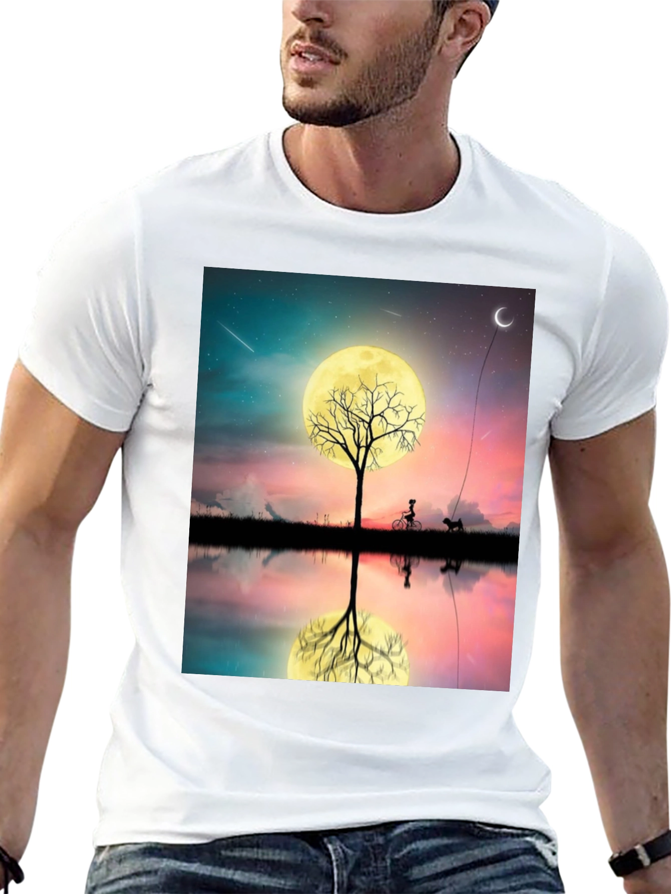 Moonlit Bike & Dog T-Shirt – Dreamy Night Scene Graphic Tee