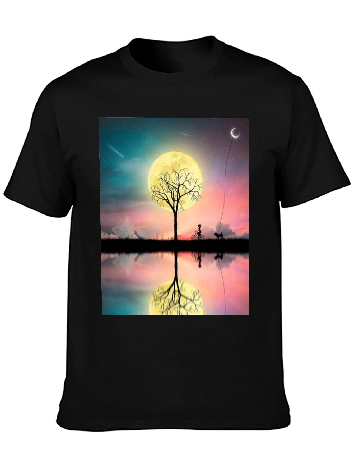 Moonlit Bike & Dog T-Shirt – Dreamy Night Scene Graphic Tee