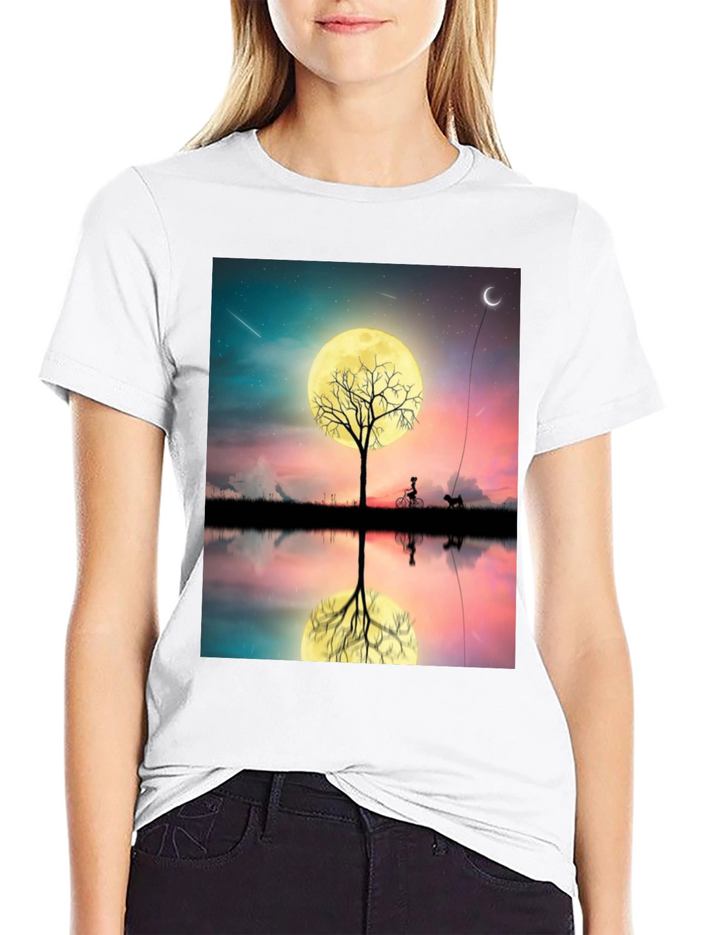 Moonlit Bike & Dog T-Shirt – Dreamy Night Scene Graphic Tee