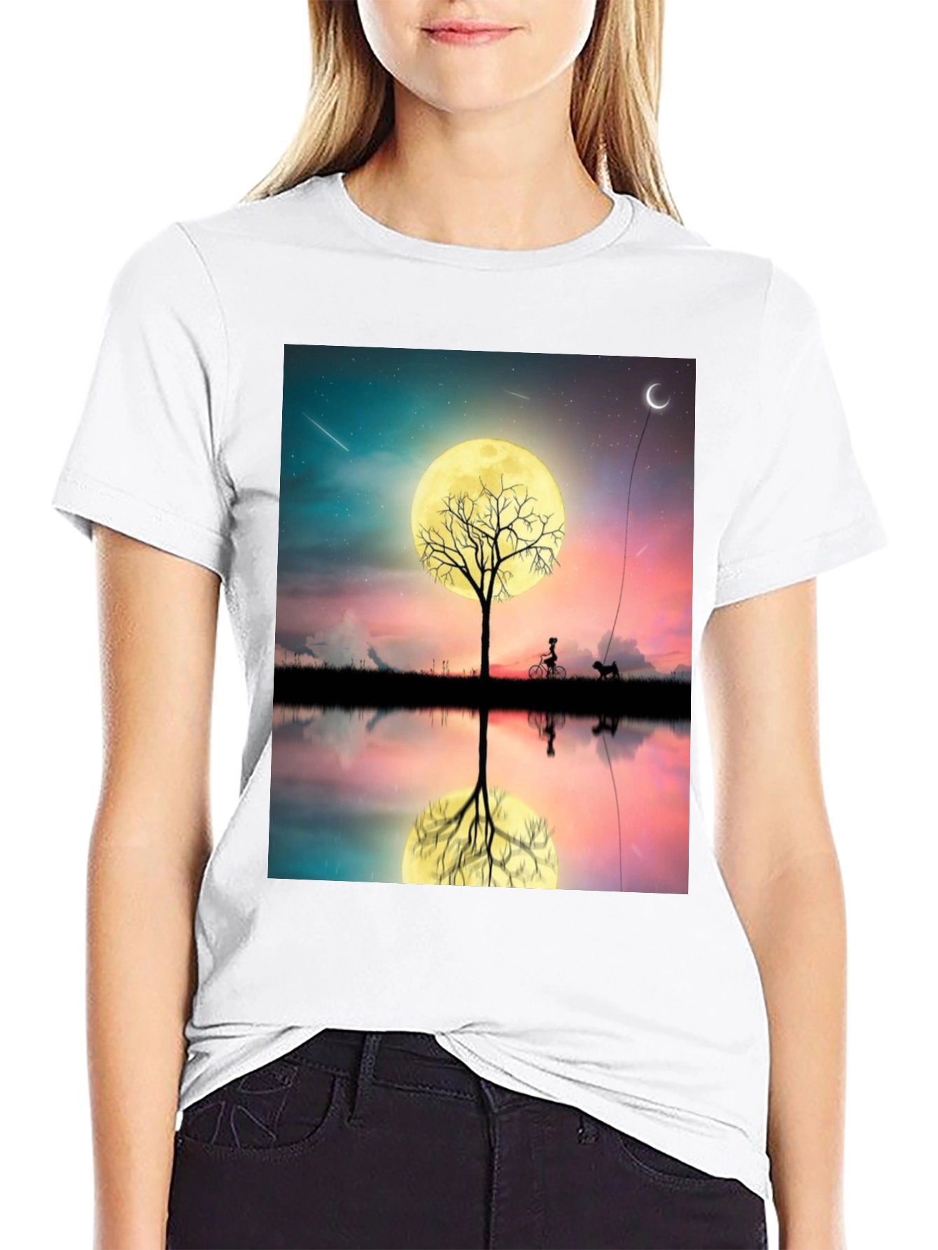 Moonlit Bike & Dog T-Shirt – Dreamy Night Scene Graphic Tee